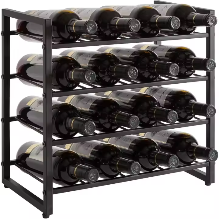 Botellero de Metal Apilable de 4 Niveles 16 Botellas para Bodega, Sala de Estar y Cocina Negro - 1