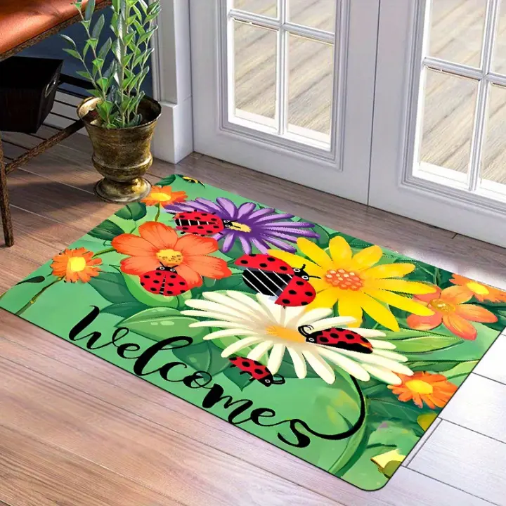 1 Uds. Alfombra de entrada con estampado de flores de mariquita, patrón de bienvenida adecuado para entrada interior y exterior, alfombra para puerta, alfombra de cocina de franela - 1