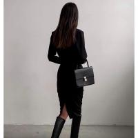 Vestido Largo Elegante Para Mujer Con Cintura Ajustada Y Hips Slim Estilo Retro Francés Para Otoño Vestido De Oficina Con Cuello Redondo Y Mangas Largas - details 4