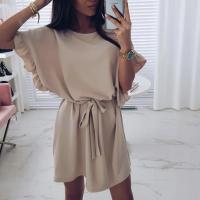 Vestido de poliéster de manga corta para mujer, jersey de cuello redondo, suelto, fajas, sólido, moda de oficina, Verano - details 10