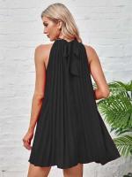 Mini Vestidos con lazo y cuello Halter para mujer, vestido plisado sin mangas con pliegues holgados de Color sólido a la moda - details 7