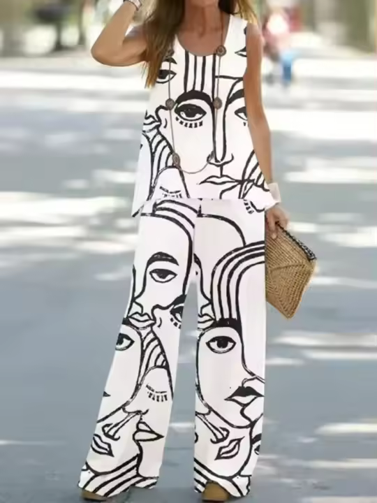 Conjunto de 2 piezas para mujer, top y pantalón estampados, pantalón elegante - 1