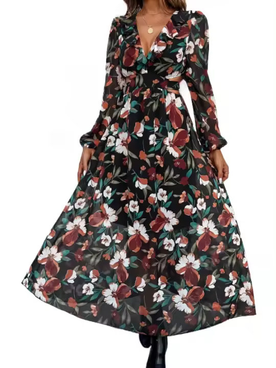 Vestido bohemio de manga larga para mujer, elegante cuello en V para vacaciones, 2025 - 1