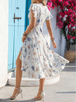 Vestido estampado con cuello en v de verano 2025, nueva falda de manga corta con borde de volantes europea y americana - details 6
