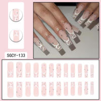 Uñas Postizas Brillantes Con Patrones Franceses Y Mariposas Flores Diamantes Combo De 24 Uñas Largas Coffin Fake Nails - details 6