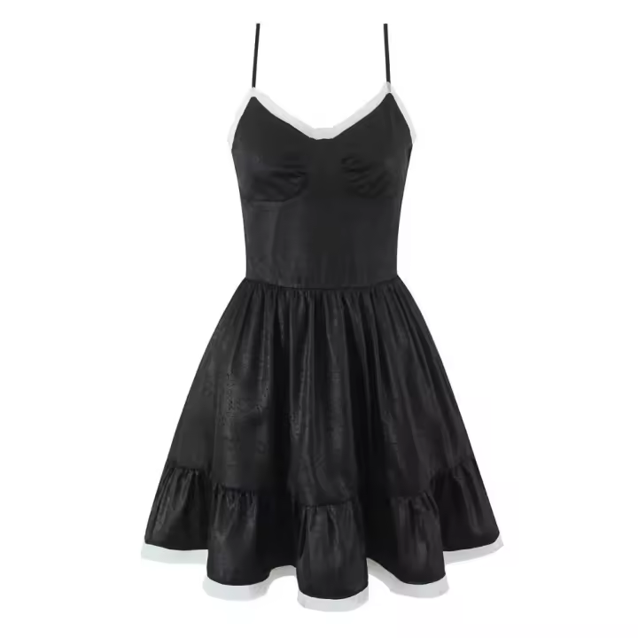 Estilo retro francés verano Spice Girl vacaciones princesa viento malla empalme jacquard liguero vestido cintura delgada falda negra. - 1