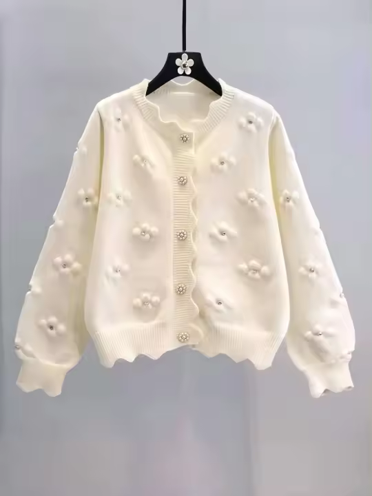 24 nuevo otoño e invierno WER Language cárdigan de punto con perla Sweetherat Daisy romántico borde ondulado suéter chaqueta - 1