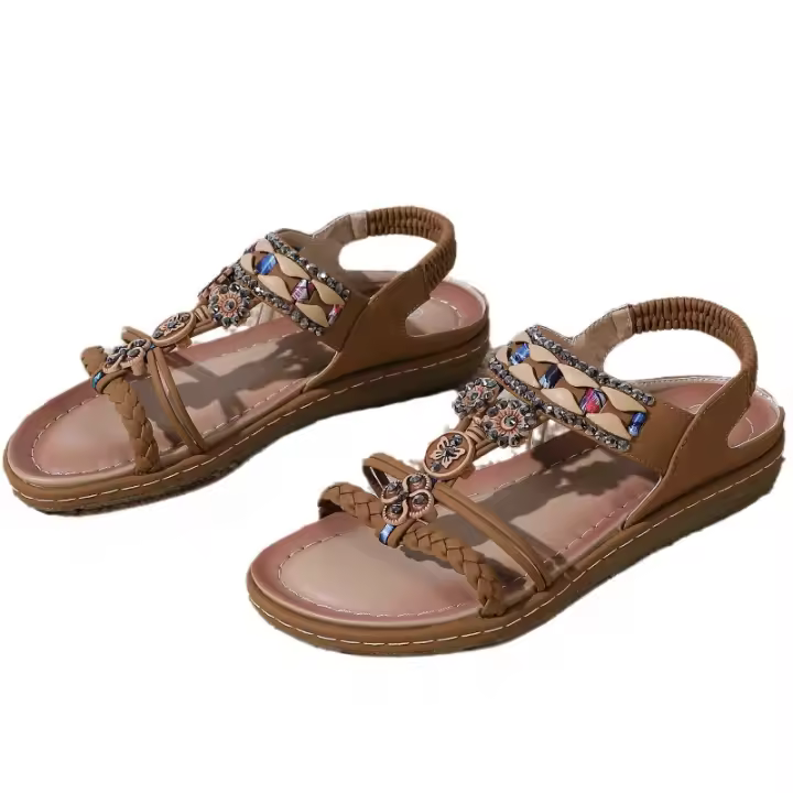 Sandalias Planas Boho 2025 Punta Redonda con Cuentas y Strass Chanclas de Playa Transpirables - 1