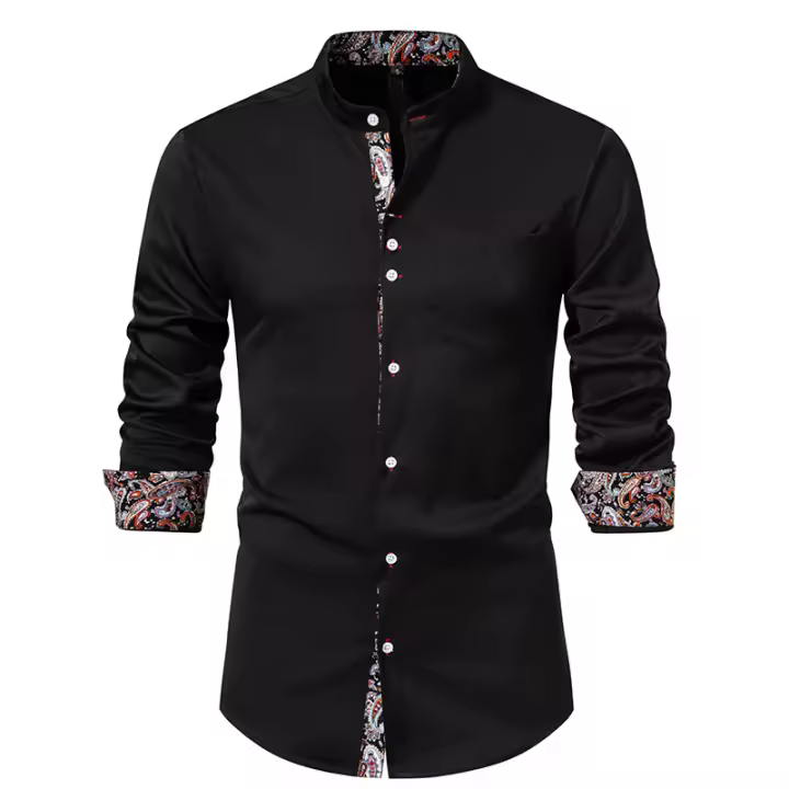 Camisas de vestir con cuello Henry para hombre, camisa de manga larga con contraste informal, esmoquin de negocios para boda y oficina, nueva moda - 1