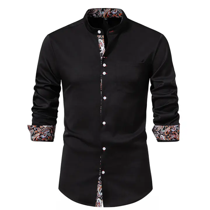 Camisas de vestir con cuello Henry para hombre, camisa de manga larga con contraste informal, esmoquin de negocios para boda y oficina, nueva moda - 1