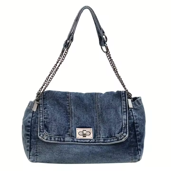 Bolso de hombro versátil y elegante de moda 2015 con correa de cadena - Casual, azul y blanco, gran capacidad, correa fija, forro de poliéster, bolso de mano - 1