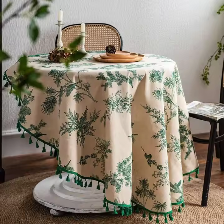 Sábanas verdes con manteles circulares estampados, manteles bohemios de lino y algodón con borlas para cocina, comedor y Navidad - 1