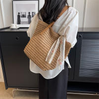 Bolso de mano Vintage para mujer, tejido de hombro, Color sólido, cinta de encaje, mimbre, paja Bohemia, Asa de playa, Beige - details 2