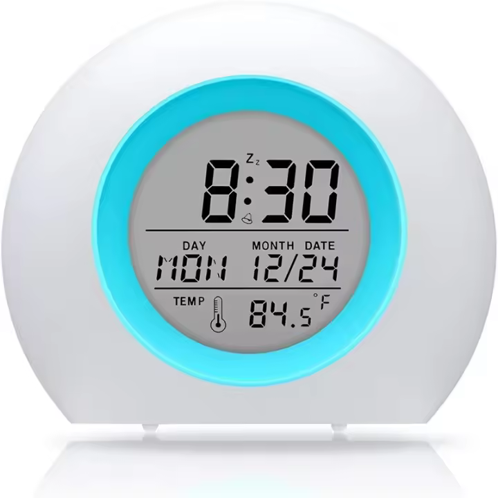Reloj despertador digital para niños, luz nocturna de 7 colores, repetición, detección de temperatura, sueño, mesita de noche, bonito reloj despertador con temporizador - 1