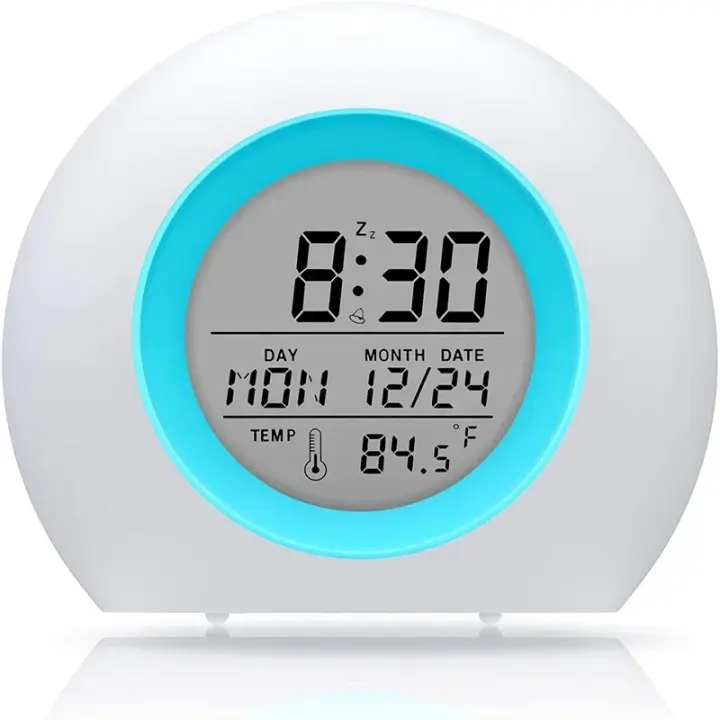 Reloj despertador digital para niños, luz nocturna de 7 colores, repetición, detección de temperatura, sueño, mesita de noche, bonito reloj despertador con temporizador - 1
