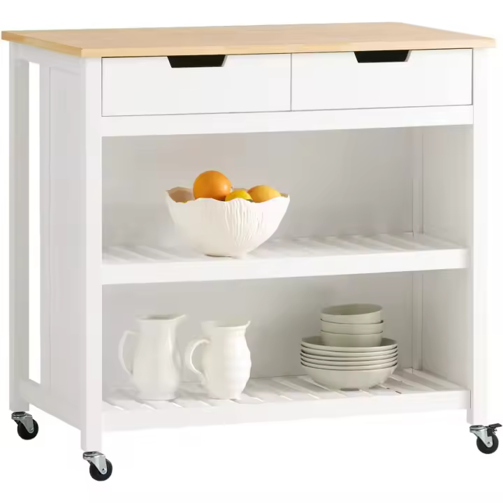 Carrito de Cocina con 2 cajones y 2 estantes, con Tablero Grande, Madera de ingeniería, Blanco, L98 x P58 x H94cm,ES - 1
