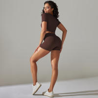Hamidou-Conjunto de ropa deportiva sin costuras para mujer, Leggings de cintura alta, camisetas de manga corta, pantalones cortos, conjunto de 2 piezas, ropa de gimnasio - details 11