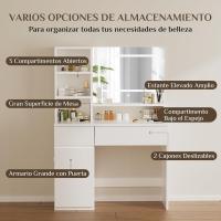Tocador de Maquillaje Moderno con Espejo Grande y Luces LED Brillo Ajustable, 3 Estante Abiertos, 2 Cajones y Armario Lateral Ideal para Dormitorio Blanco - details 4