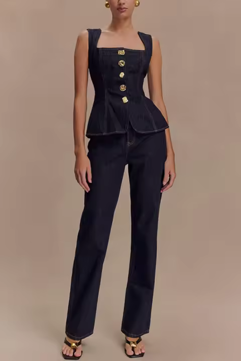 Conjunto de pantalones y top de mezclilla con cintura con botones de estilo moderno a la moda para mujer 30857 - 1