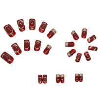 Uñas de Año Nuevo para mujer, uñas postizas cuadradas largas, decoración DIY, puntas francesas, vino tinto - details 5