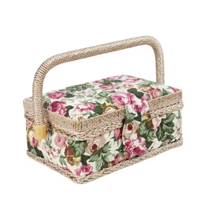 Cesta de costura artesanal de tela Retro, cesta de almacenamiento de aguja de hilo exquisita, portátil, duradera, caja de almacenamiento de costura para el hogar - 1