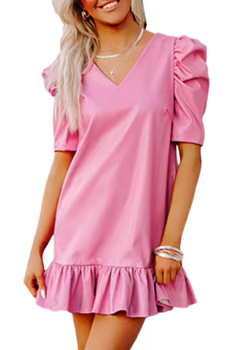 Elrachen Mini vestido de mujer con manga de burbuja, cuello en V, dobladillo con volantes, piel sintética, sobre rosa, tallas S-XL - 1