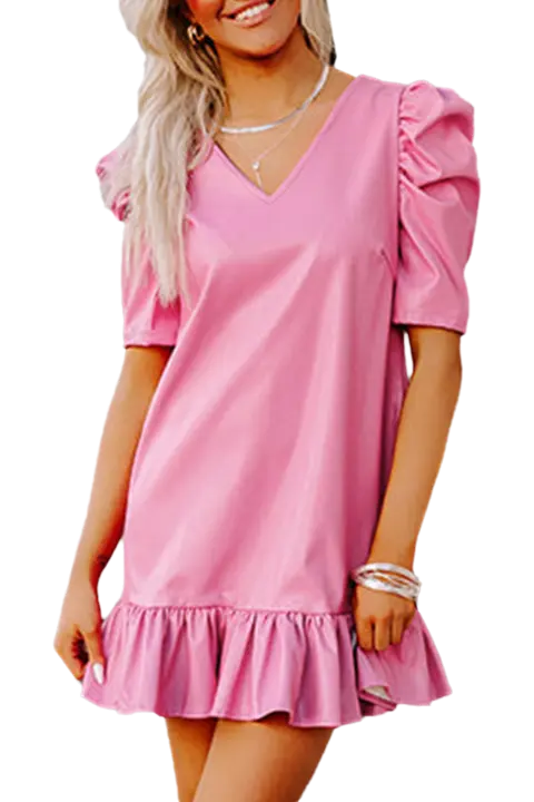 Elrachen Mini vestido de mujer con manga de burbuja, cuello en V, dobladillo con volantes, piel sintética, sobre rosa, tallas S-XL - 1