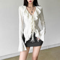 Nuevos tops para mujeres, top de encaje elegante con lazo y volantes en gasa blanca de ensueño - details 1