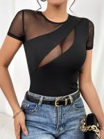Nueva camiseta de manga corta con empalme de red, tops delgados para mujeres - details 8
