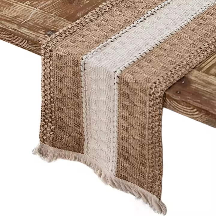 Camino de Mesa con Borlas Beige Caqui a Rayas Decorativo Rectangulares Estilo Bohemio Moderno Comedor Hogar Boda Cocina - 1