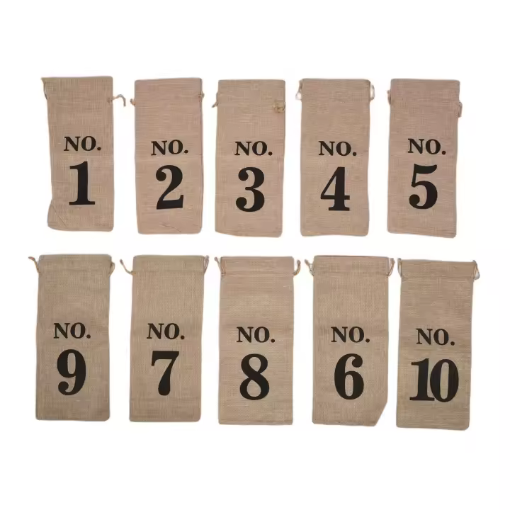 10 bolsas de yute para vino, 14 x 6 1/4 pulgadas, bolsas de regalo para botellas de vino numeradas de arpillera con cordón para degustación de vino ciego (marrón) - 1