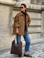 Chaqueta de ante con cuello marrón para mujer, abrigo holgado y grueso de media a larga, moda de invierno, 2024 - details 4