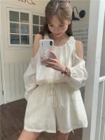Blusa de verano a cuadros extragrande 2024 para niñas, traje de mujer, camisa de manga larga, pantalones de pierna ancha de cintura alta, trajes de dos piezas con pantalones cortos - details 39