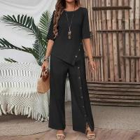 2025 Traje De Pantalones Con Dobladillo Irregular Para Mujer Elegante Moda Casual Botón Camisa De Media Manga Suelta Conjunto De Dos Piezas - details 2