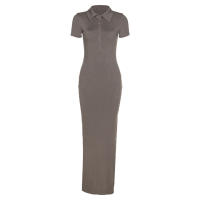 BUNO-Vestido largo de oficina para mujer, de manga corta con cuello vuelto traje elegante, abertura lateral y botón, moldeador de cuerpo, moda de calle - details 12