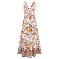 Vestidos largos bohemios para mujer, cuello en V, sin mangas, cintura alta, Maxi, estampado naranja, playa, S - details 10