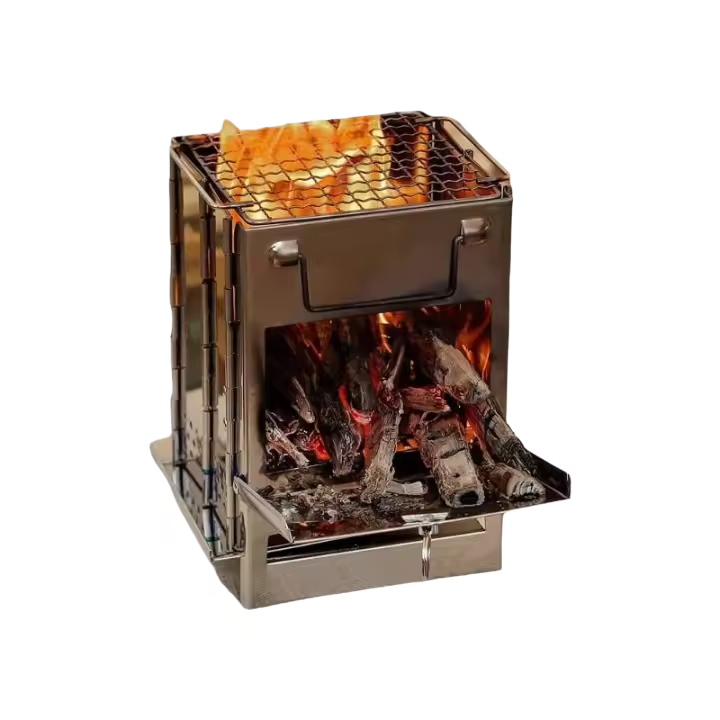 Estufa de leña plegable portátil de acero inoxidable, estufa de camping con mini parrilla, parrilla de barbacoa ligera - 1