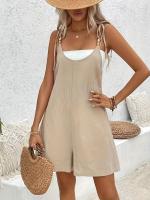 Mono informal sin mangas para mujer: mezcla ligera, color beige sólido con correas ajustables y detalles de botones, atuendo versátil para todas las estaciones para atuendo informal, ropa informal de verano |   Mono sin mangas |   Mono ligero - details 13