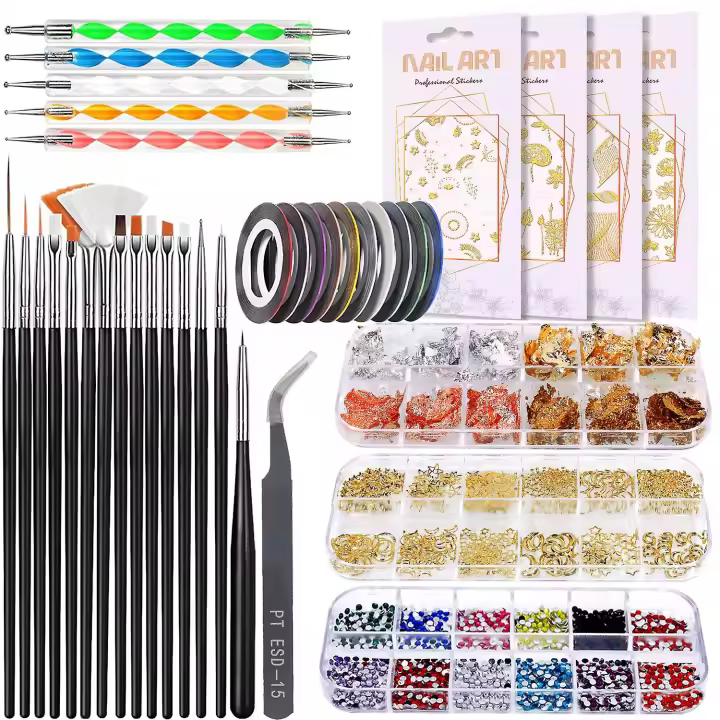 Kit de decoración de uñas, suministros de decoración de uñas, calcomanías, pinceles, diamantes de imitación, herramientas de puntos - 1