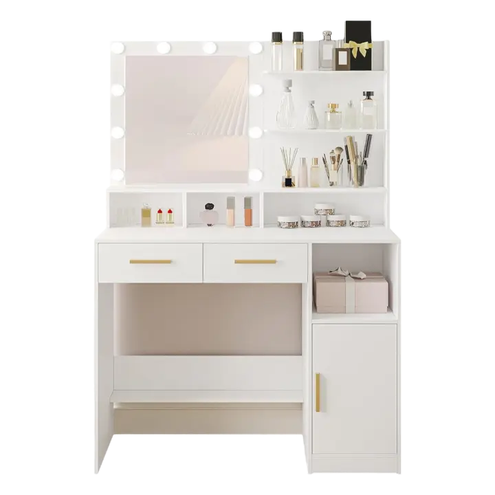 Mesa de Maquillaje con Espejo y LED Regulables Diseño de Cajón y Armario Blanco DT32503X - 1