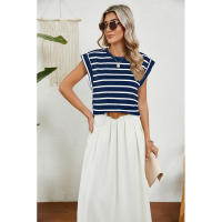 BUNO-2025 Tops para mujer, pantalón corto informal de moda de verano, camisetas básicas con textura a rayas de Color sólido y cuello redondo - details 81
