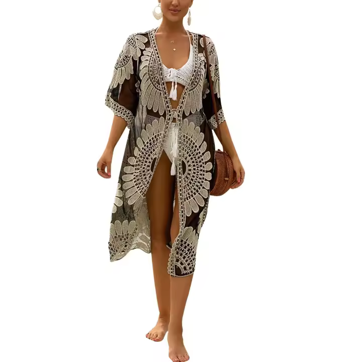 Nuevo traje de baño largo para mujer, manga cubierta, ral Crochet, frente abierto, kimono, cárdigan de playa de moda - 1