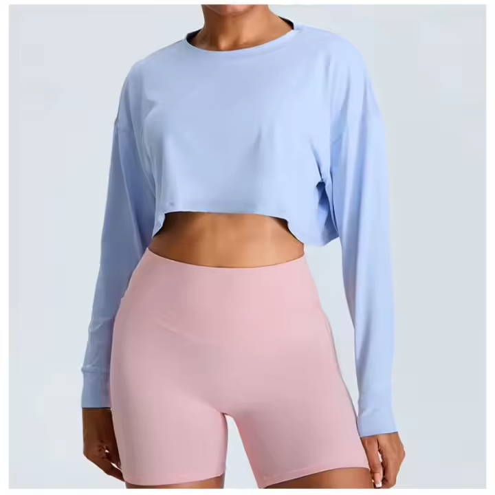 Top deportivo de manga larga corta para mujer, ropa deportiva holgada informal con cuello redondo y cintura alta para Yoga - 1