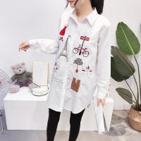 Blusa De Algodón Blanca Casual Para Mujer Cuello En V Botones Larga Manga Bordada Estilo Casual Longa Manga Blouse De Verano - details 1