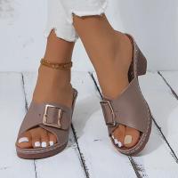 Sandalias de moda de color sólido para mujer, con hebilla, cinturón, informales, tacón grueso, diapositivas versátiles de verano - details 3