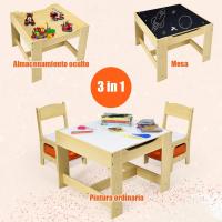 Juego de Mesa y 2 Sillas Infantiles 3 en 1, Grupo de Asientos y Escritorio con Pizarra para Niños, Mueble Infantil con Cajón de Almacenamiento Que Ahorra Espacio, Madera, Naranja - details 2