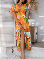 2025 Primavera / Verano Casual Bomisia Vacaciones Estilo Estampado Contraste Color Cuello en V Cintura alta Vestido de manga corta - details 3