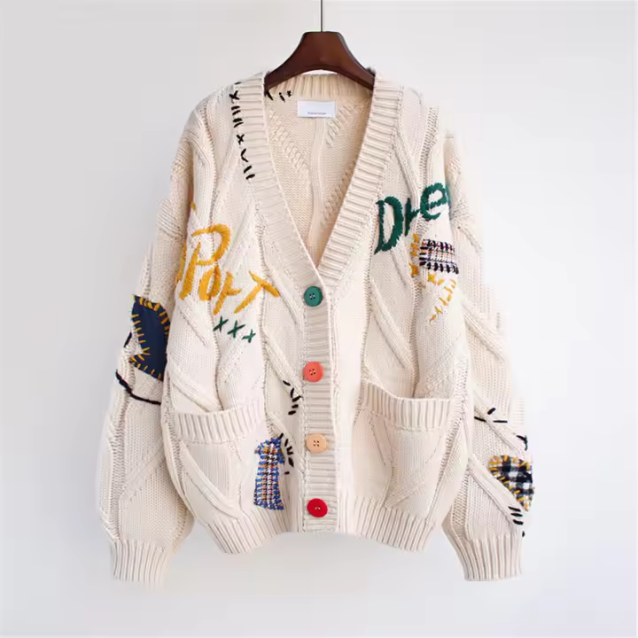 Cárdigan de punto cálido para mujer, chaqueta bordada con bolsillos, abrigo holgado, otoño e invierno, 2023 - 1