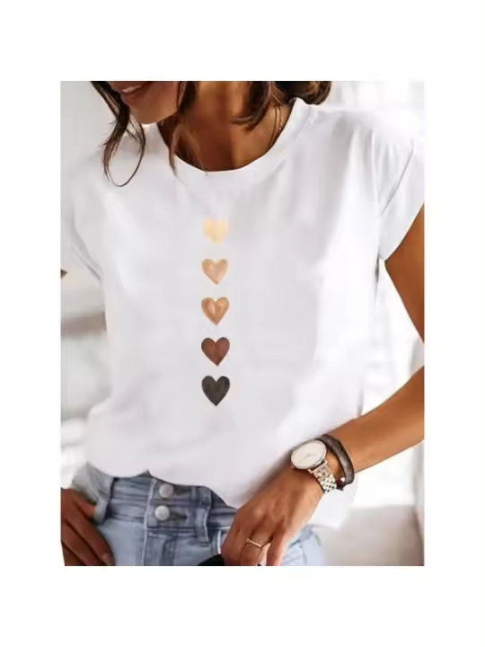Amor Corazón Impresión de las Mujeres Camiseta de Verano Niña O Cuello Divertido Y2K Tops Camiseta Mujer 90s Ropa Casual - 1