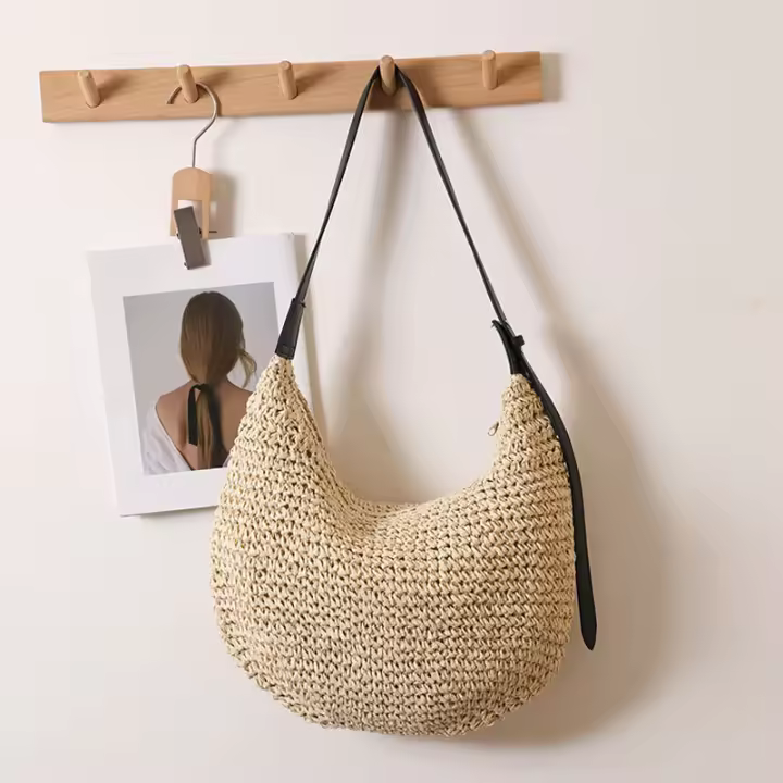Bolso de paja de un solo hombro irregular de moda, bolso de playa para vacaciones, bolso versátil para mujeres - 1